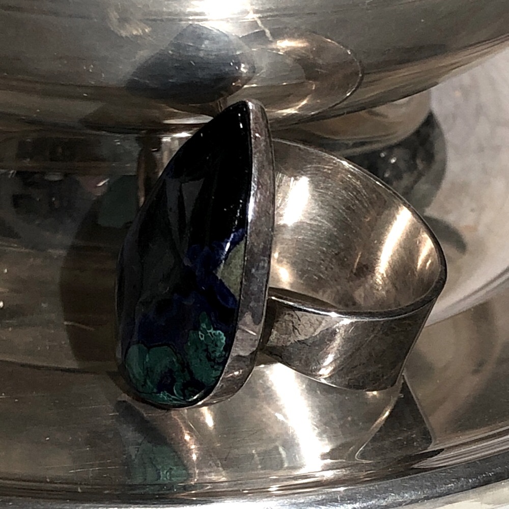 Azurite Malachite Teardrop Gem Stone Sterling Silver Statement Ring size 11 - Picture 8 of 13